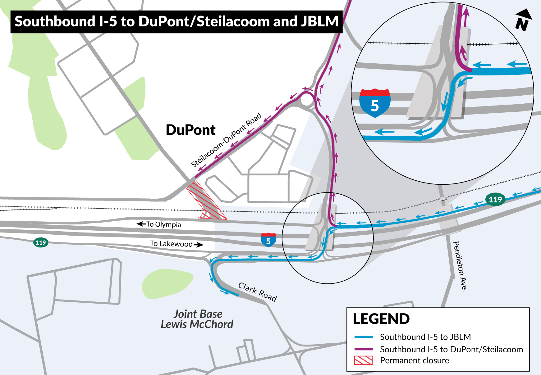 A map showing how someone would get from southbound I-5 to DuPont, Steilacoom or JBLM. 