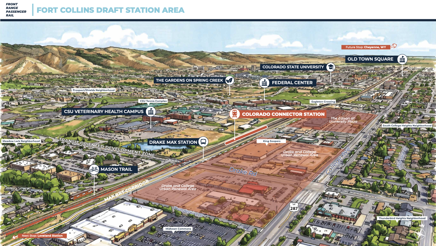 A visual map of CoCo's planned station location in Fort Collins, showing the station just north of the Drake MAX Station, just west of College Avenue.