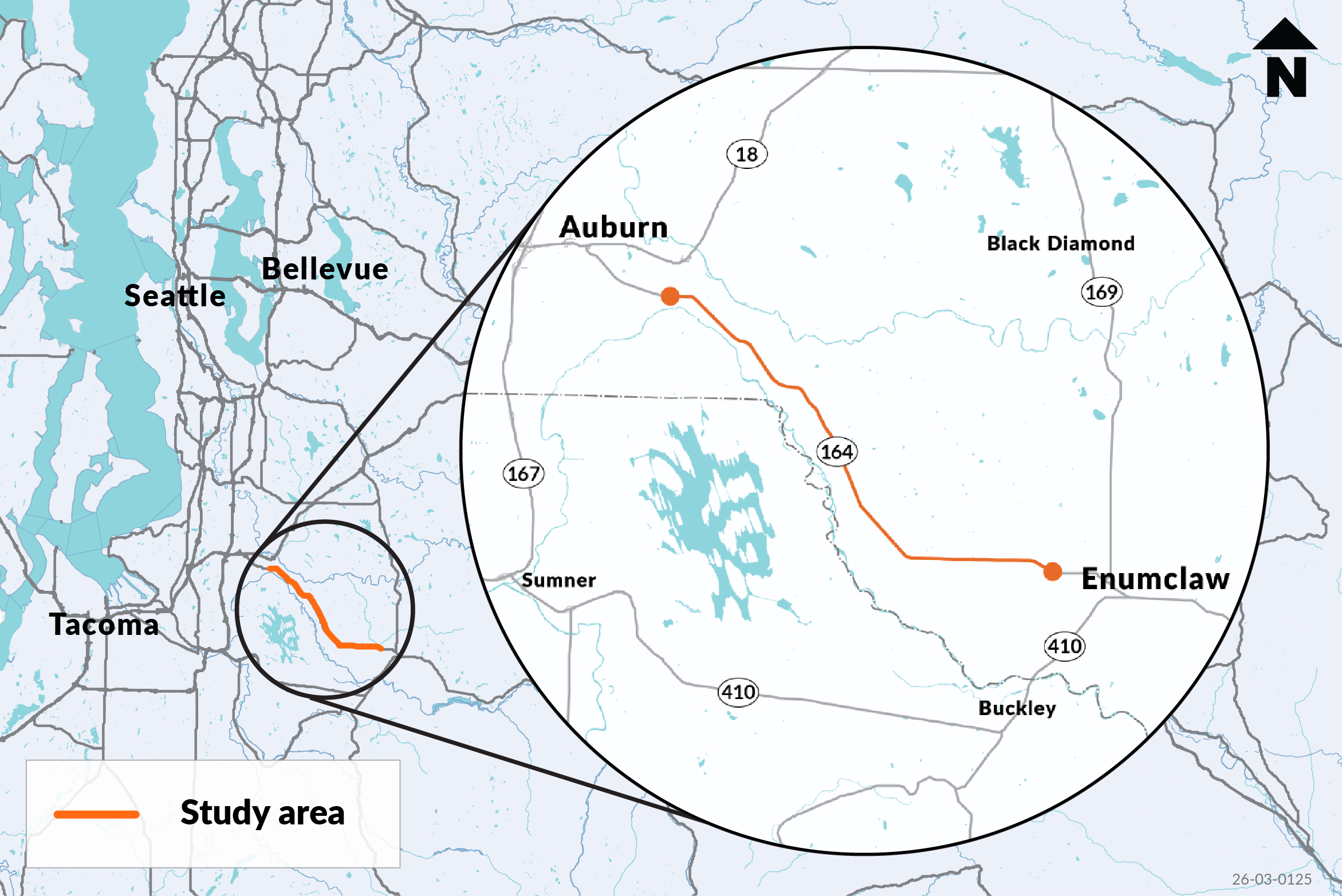 Regional map locating the SR 164 study area between Auburn and Enumclaw, southeast of Seattle.