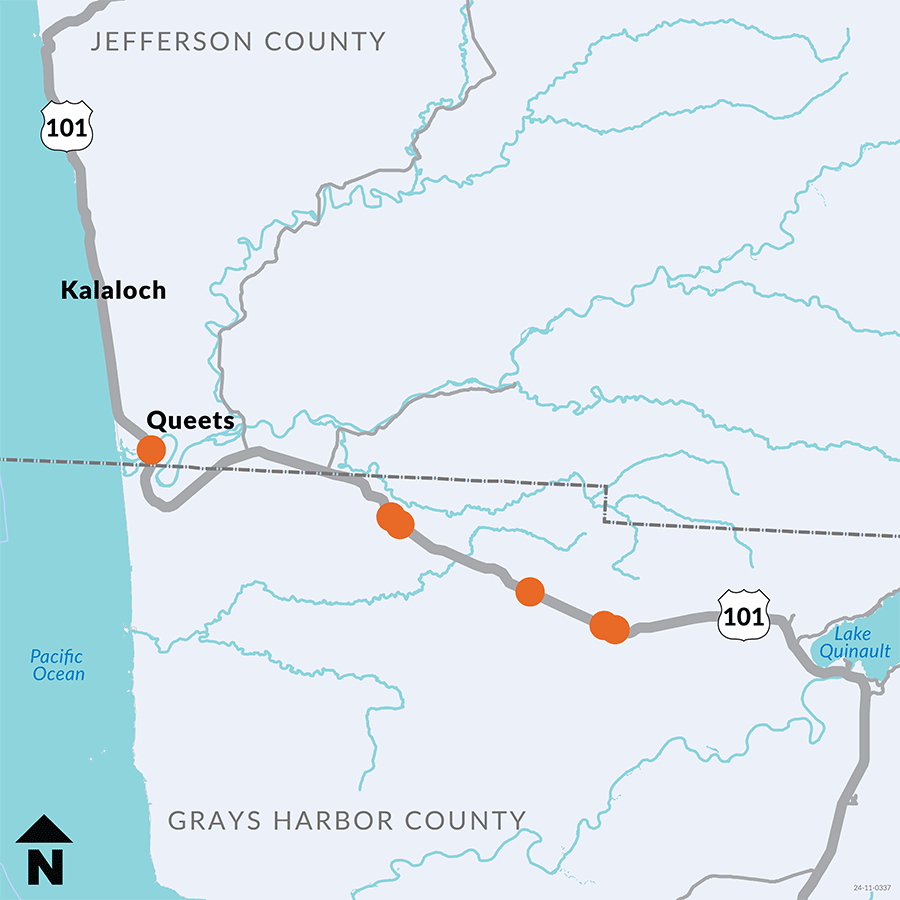 Map of US 101 fish passage projects between Lake Quinault and Queets