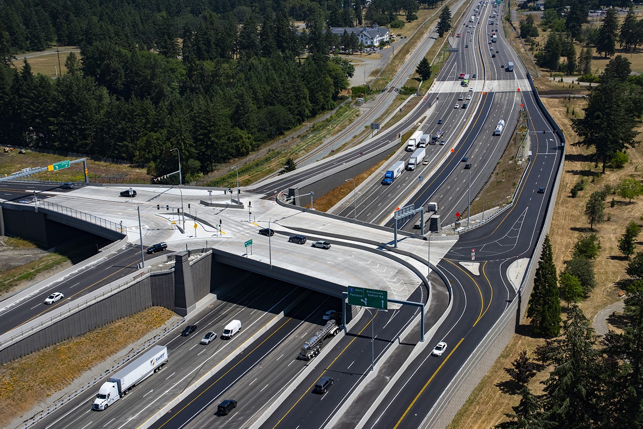 An aerial photo of the new I-5 Steilacoom-DuPont Road interchange with a new shared-use path.