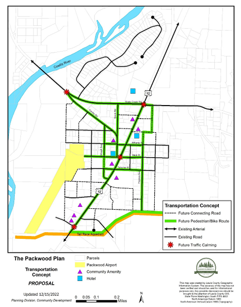 Map of the proposed transportation concept in The Packwood Plan. US 12 within the study limits is identified as a future pedestrian/bicycle route.