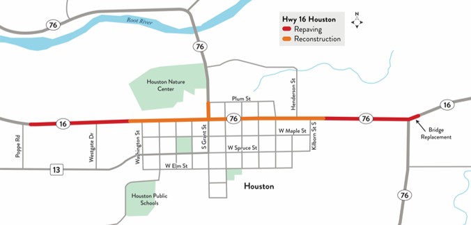 Project map showing repaving areas and reconstruction areas plus bridge replacement location.