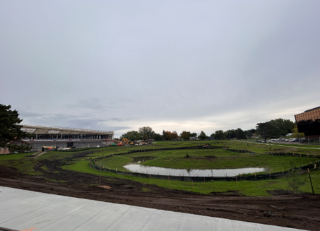 Image shows a storm water basin at the center holding water after a recent rainfall. Sidewalk and dirt at foreground, green grass surrounding stormwater basin in the center. Trees at the background.