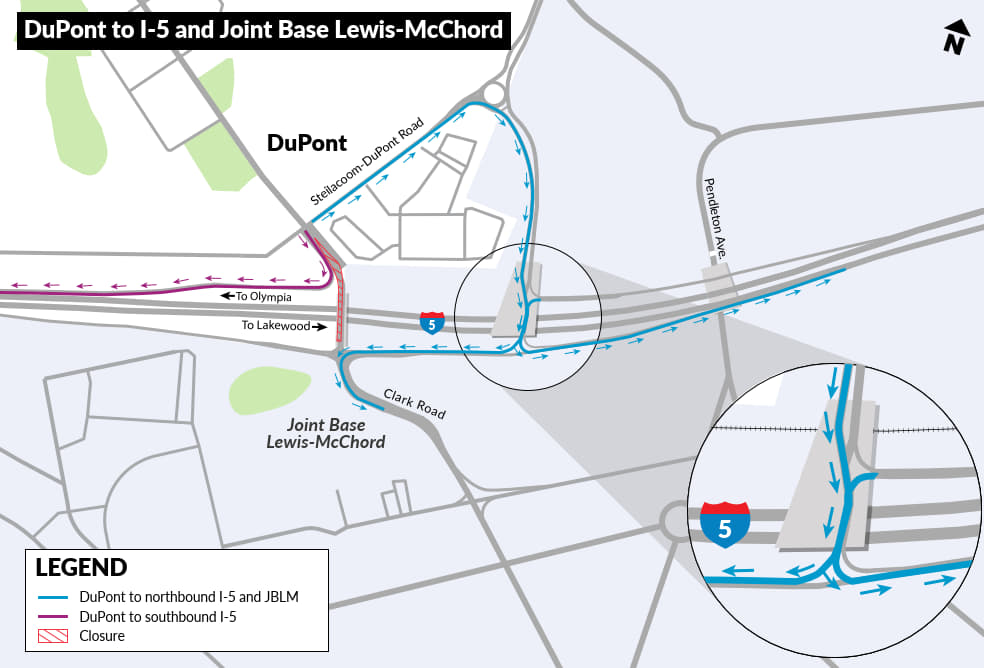Un mapa que muestra como alguien podrá llegar desde DuPont hasta la I-5 o JBLM. 