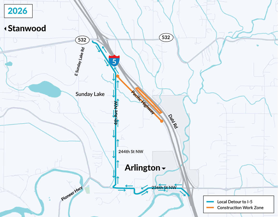 Map showing the Pacific Highway detour to I-5
