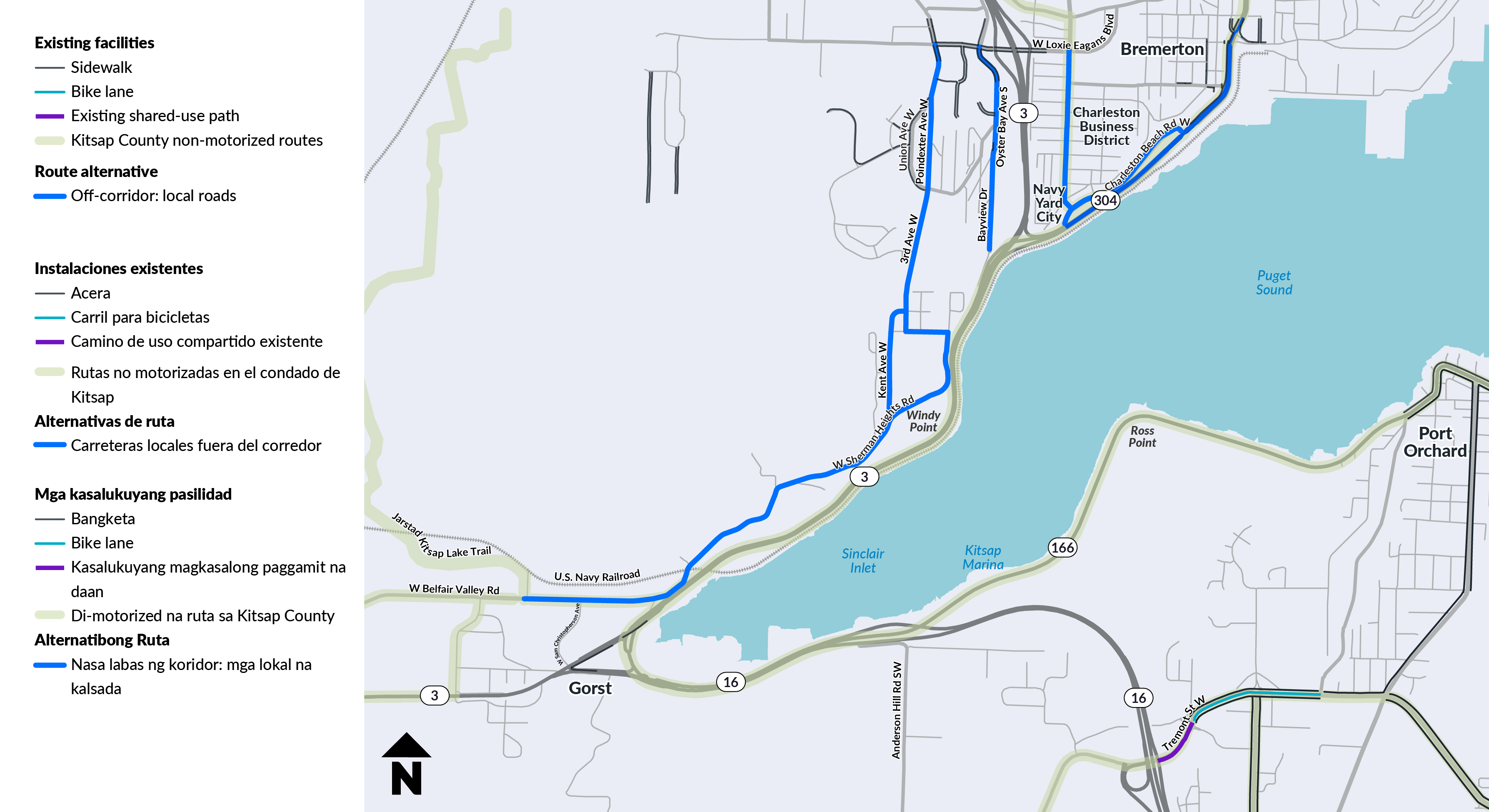 Map showing existing and off-corridor active transportation facilities along local roads near Bremerton, Windy Point, Gorst and Port Orchard, including sidewalks, bike lanes, shared-use paths and King County non-motorized routes.