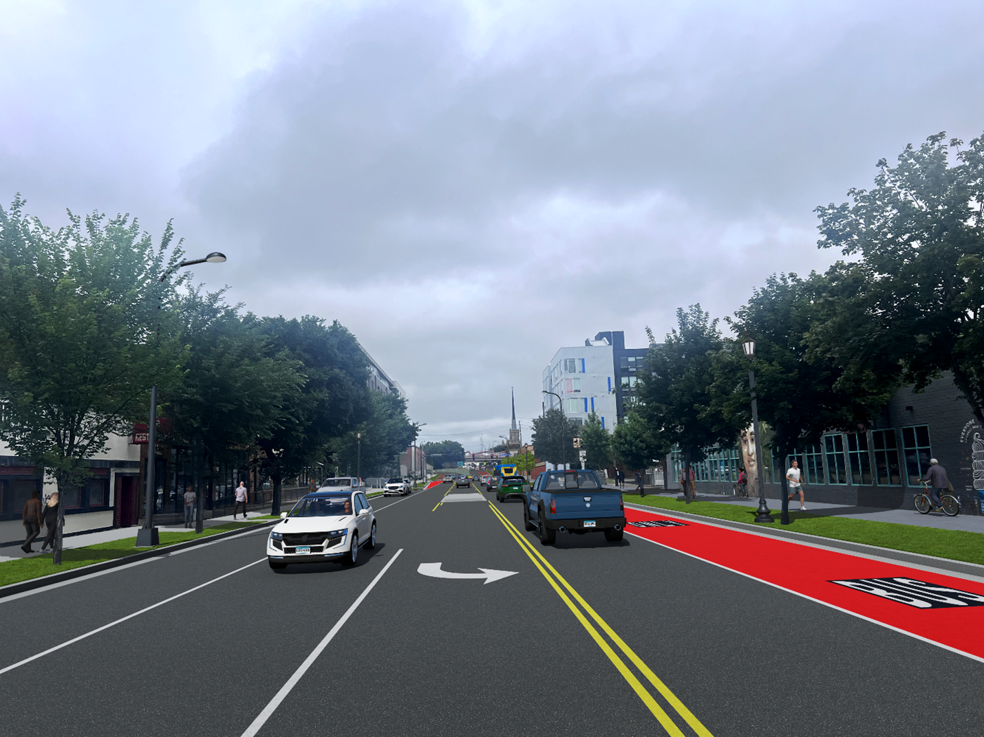 A graphic showing the 2100 block of Lyndale Avenue looking north. There is a shared use path, a red bus only lane, and a driving lane on the northbound side of the road. There is also a left turn lane and a median in the middle, lane, and a driving lane going southbound with parking next to it.