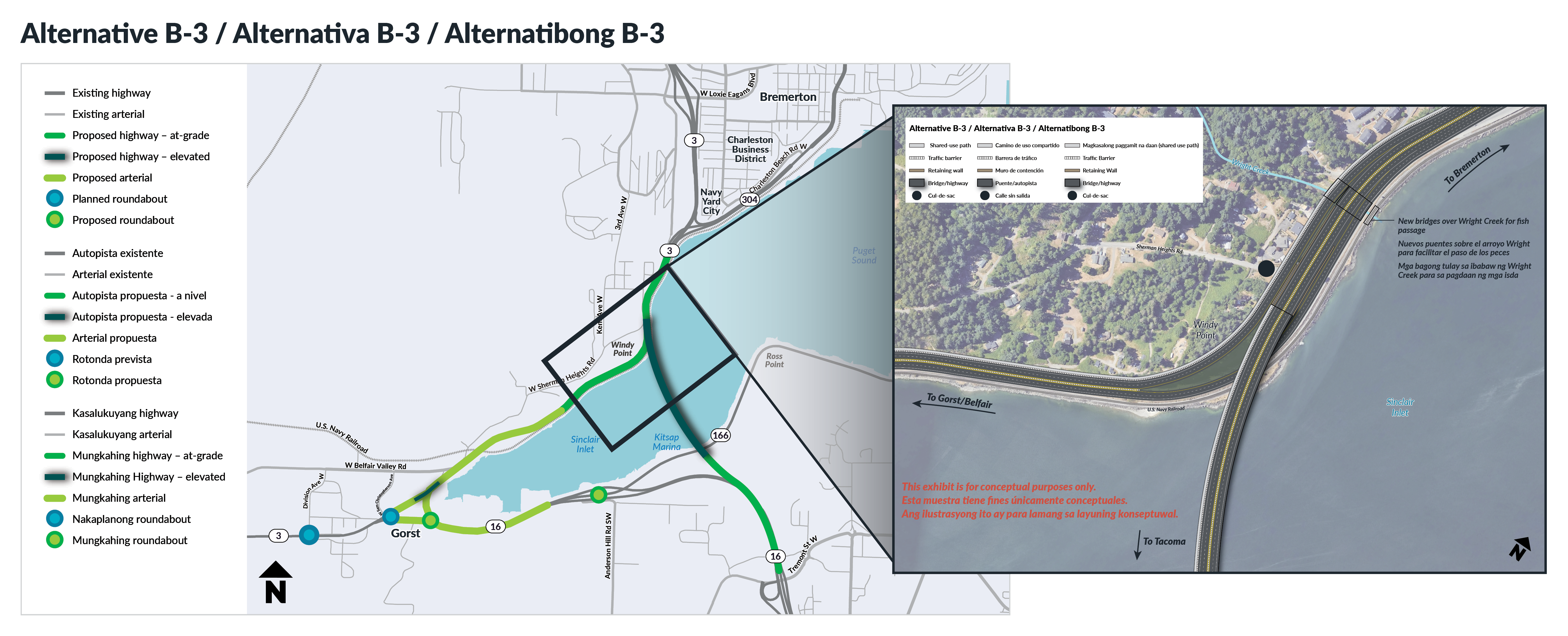 Map of Alternative B-3 (Windy Point Bridge partial bypass east) showing the proposed at-grade and elevated highway route, proposed arterial and roundabouts along SR 3 near Gorst and Windy Point, with an aerial view rendering showing the details of the elevated roadway, shared-use path, retaining wall and bridge near Windy Point.