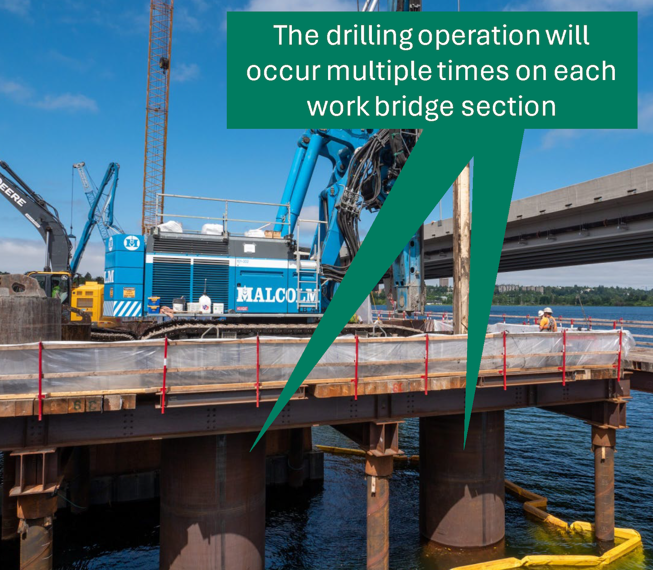 A drilling rig on a work trestle sitting above two casings.