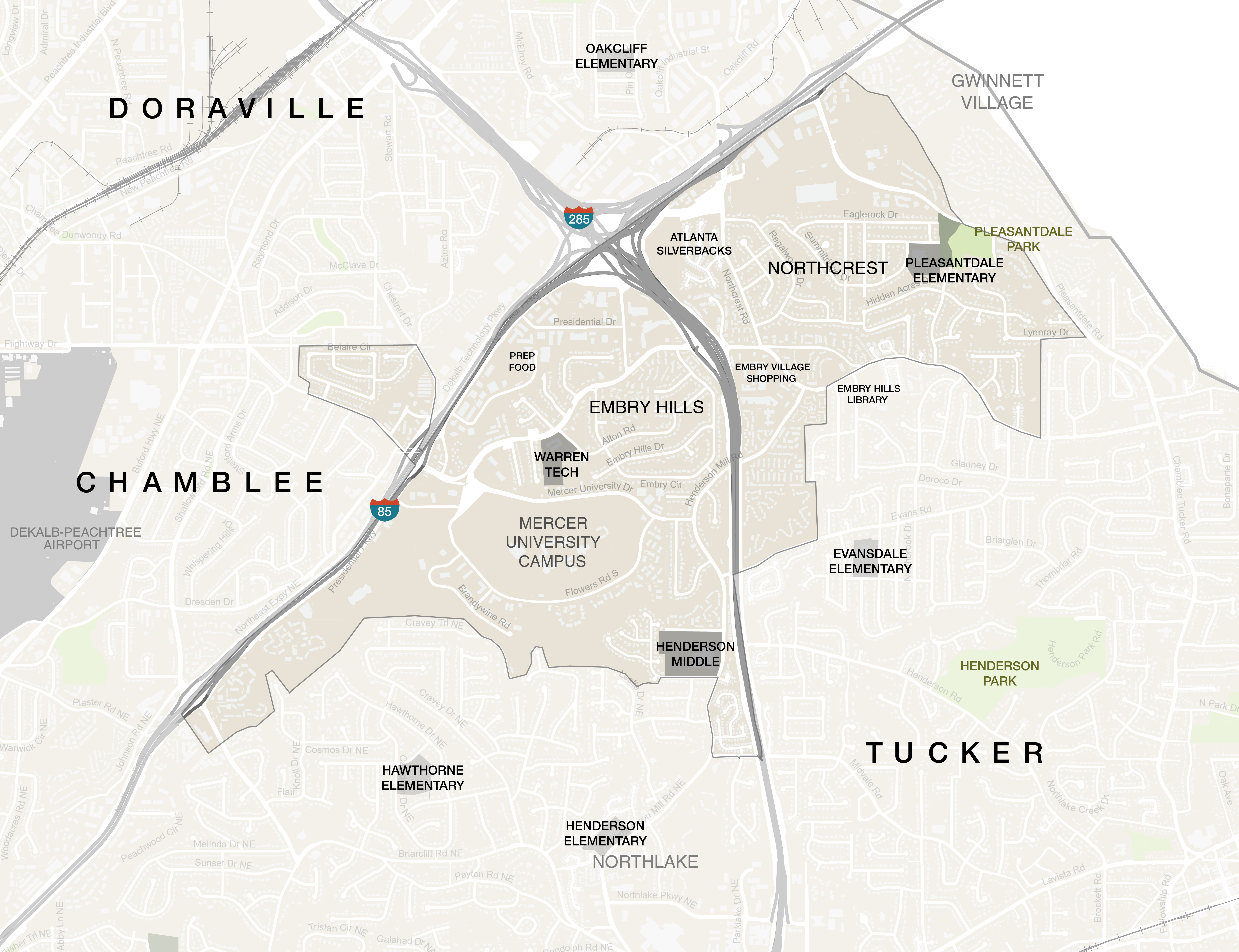 This area sits near the intersection of I-85 and I-285 and includes a number of community amenities, such as grocery stores and libraries, a number of single family and multi-family residential neighborhoods, and many regional destinations such as Mercer University – Atlanta Campus and Silverbacks Park. It includes the residential areas of Embry Hills and Northcrest.