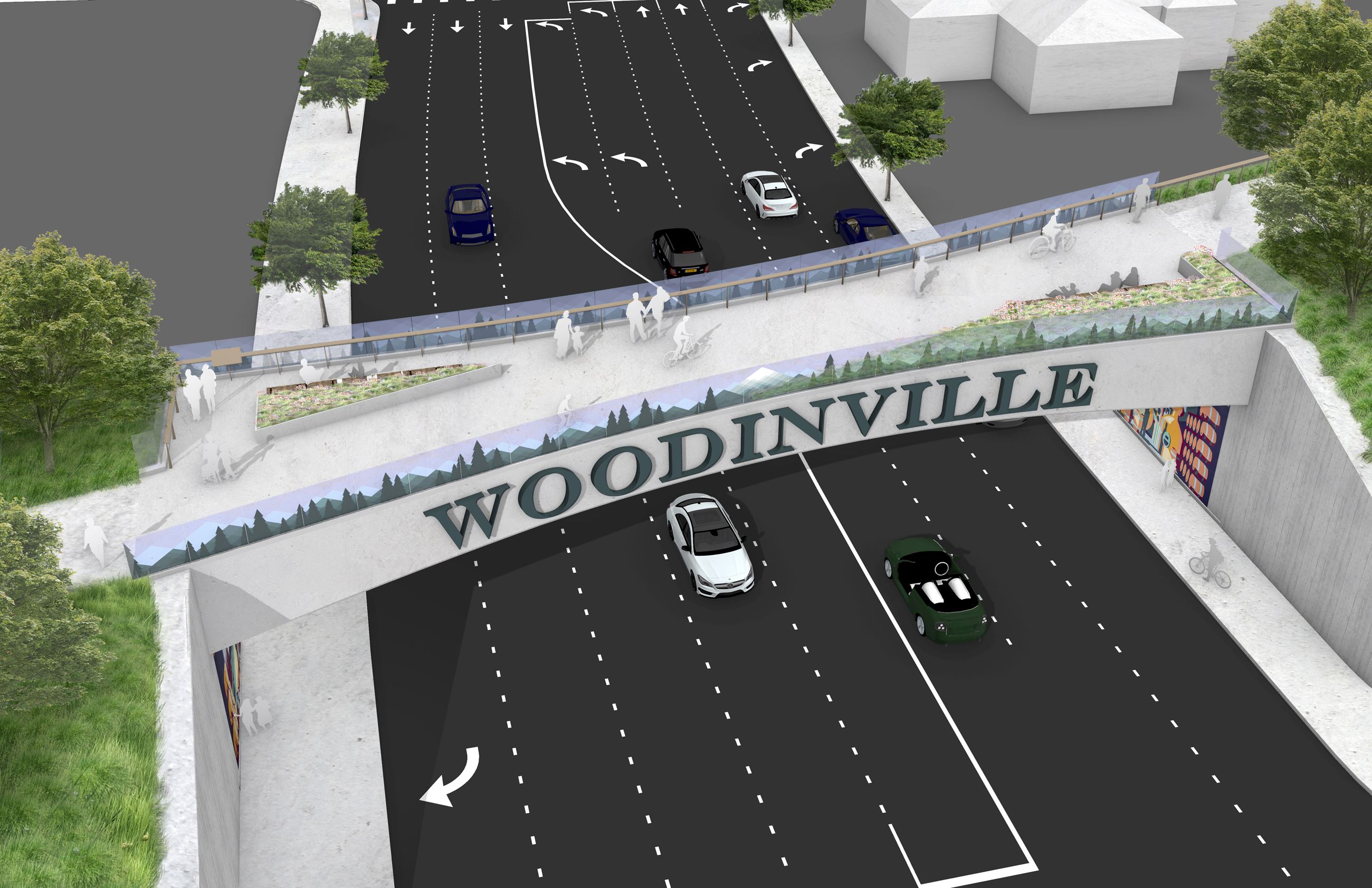 Rendering of people walking on pedestrian bridge