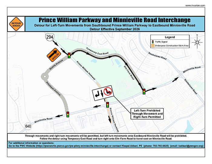 Detour map showing the left turn from southbound Prince William Parkway to eastbound Minnieville Road is prohibited. Drivers should follow Temporary East Road and turn right onto Elm Farm Road to reach eastbound Minnieville Road. Through and right-turn movements remain open.