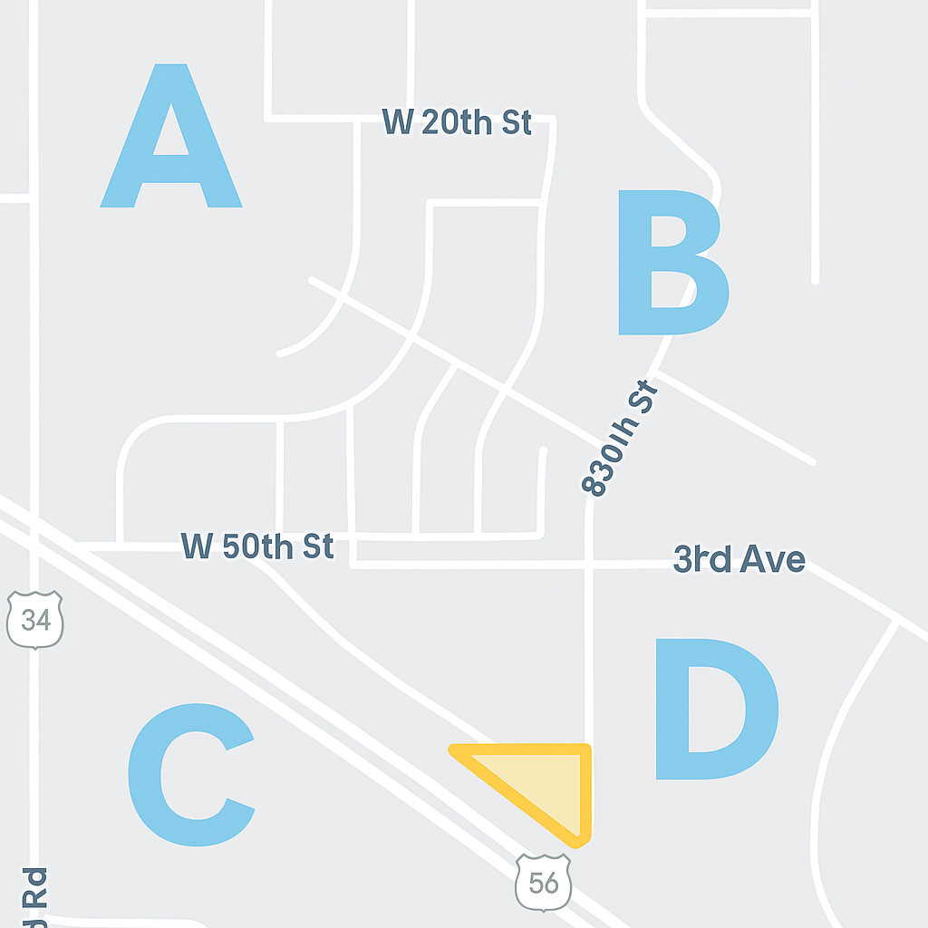 A gray map showing street names with the letters A, B, C and D in blue
