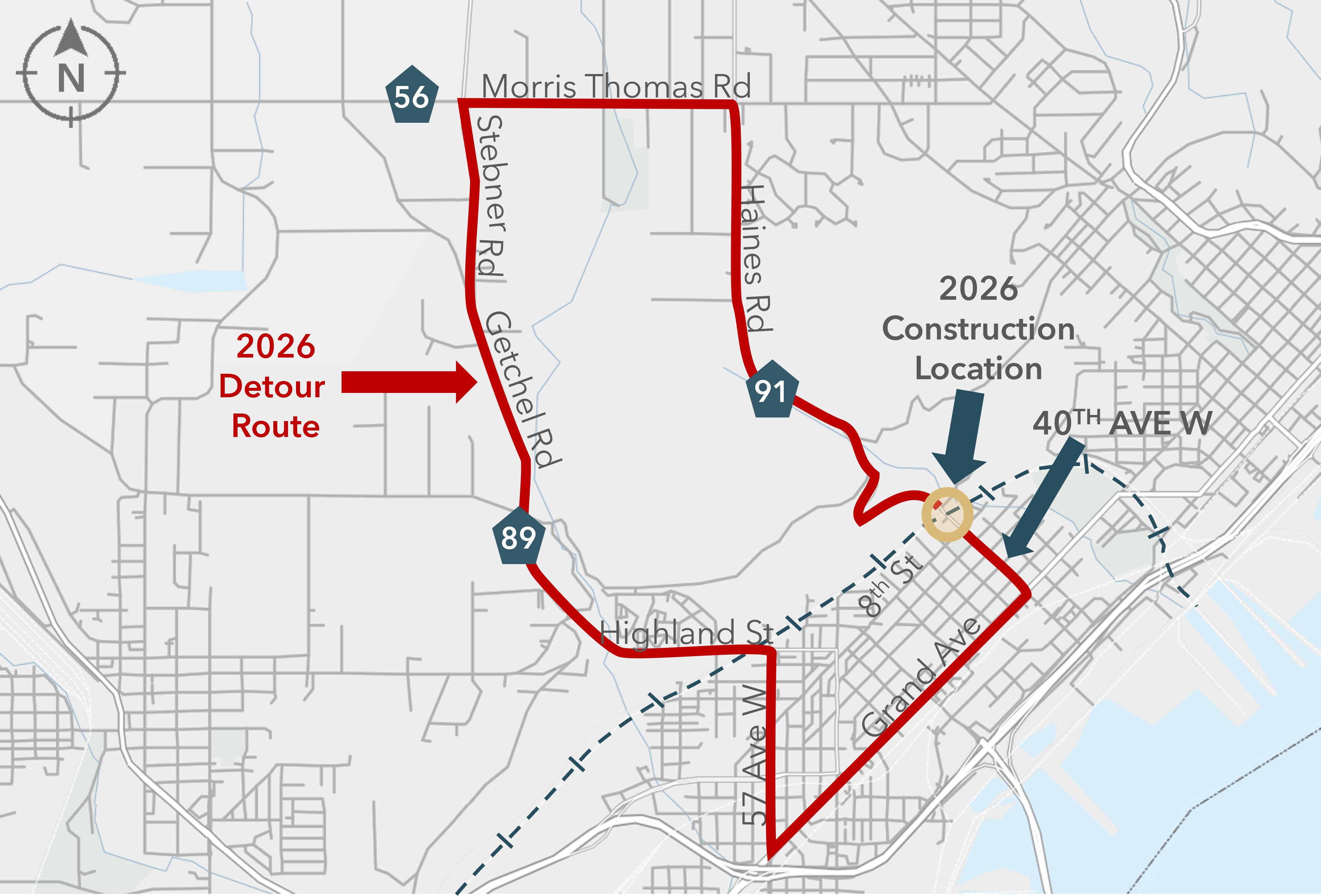 Map showing a 2026 detour route around construction, featuring highlighted roads and indicators for direction.