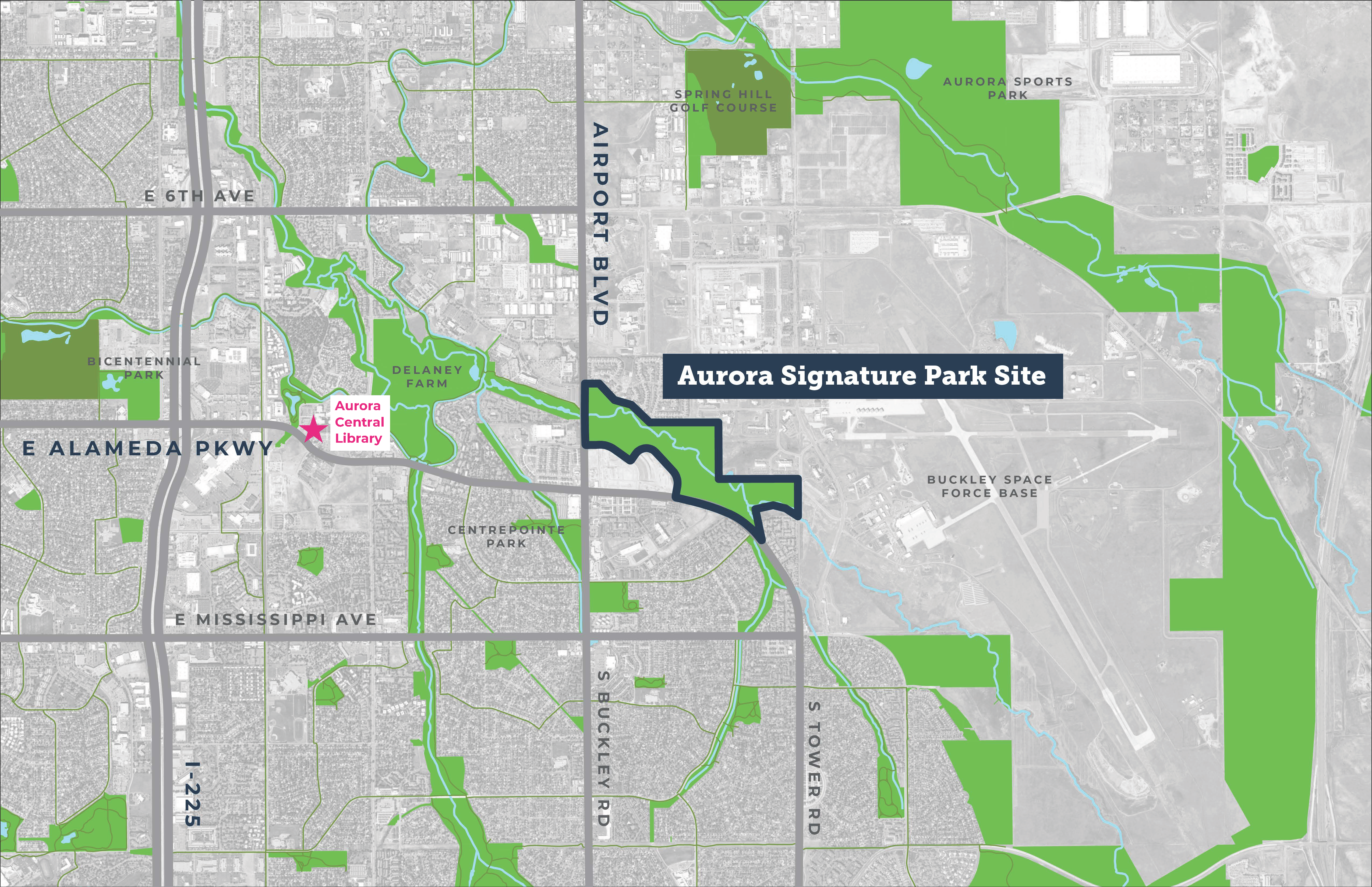 Map showing footprint of future Signature Park and location of meeting site, Aurora Central Library