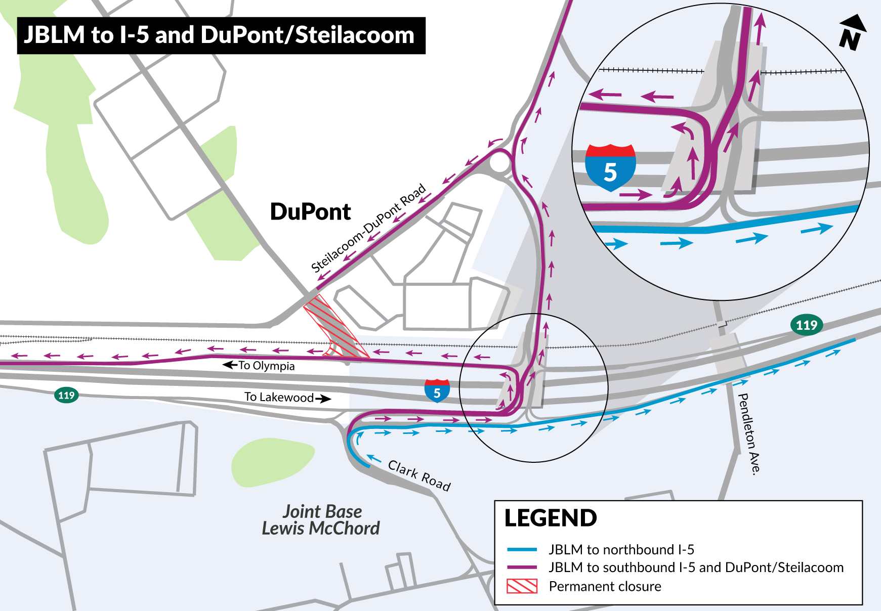 A map showing how someone would get from JBLM to DuPont, Steilacoom or I-5. 