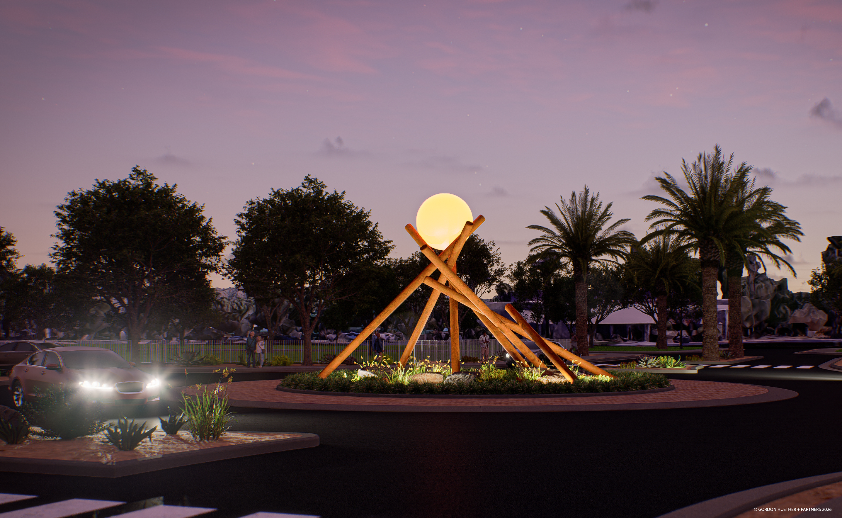 Cactus Blossom by Gordon Huether looking northeast at night with lit ball feature.