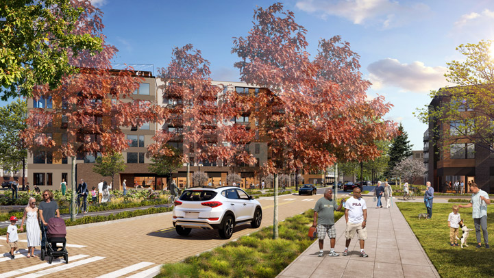 Rendering of potential future development along Devine looking north toward Mill Plain. It shows six story buildings in the Activity Center and four and five story buildings in the Residential Neighborhood, with a variety of architectural styles and building materials. Devine will be improved with new crosswalks and sidewalks, planting strips with landscaping and street trees, and a new two-way bike facility. Several people are walking or biking on the walkways and roadways in front of new buildings.