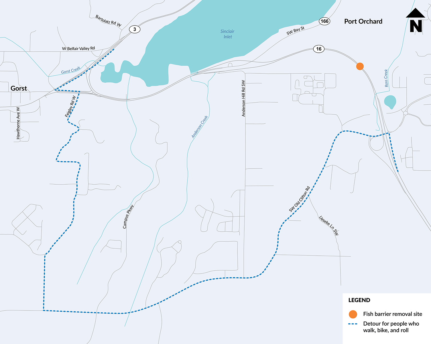 Map shows that people walking, biking or rolling along SR 16 will have a detour along Southwest Old Clifton Road and Feigley Road West. A legend identifies the fish barrier removal site with an orange dot and the detour for people who walk, bike or roll with a blue dotted line.