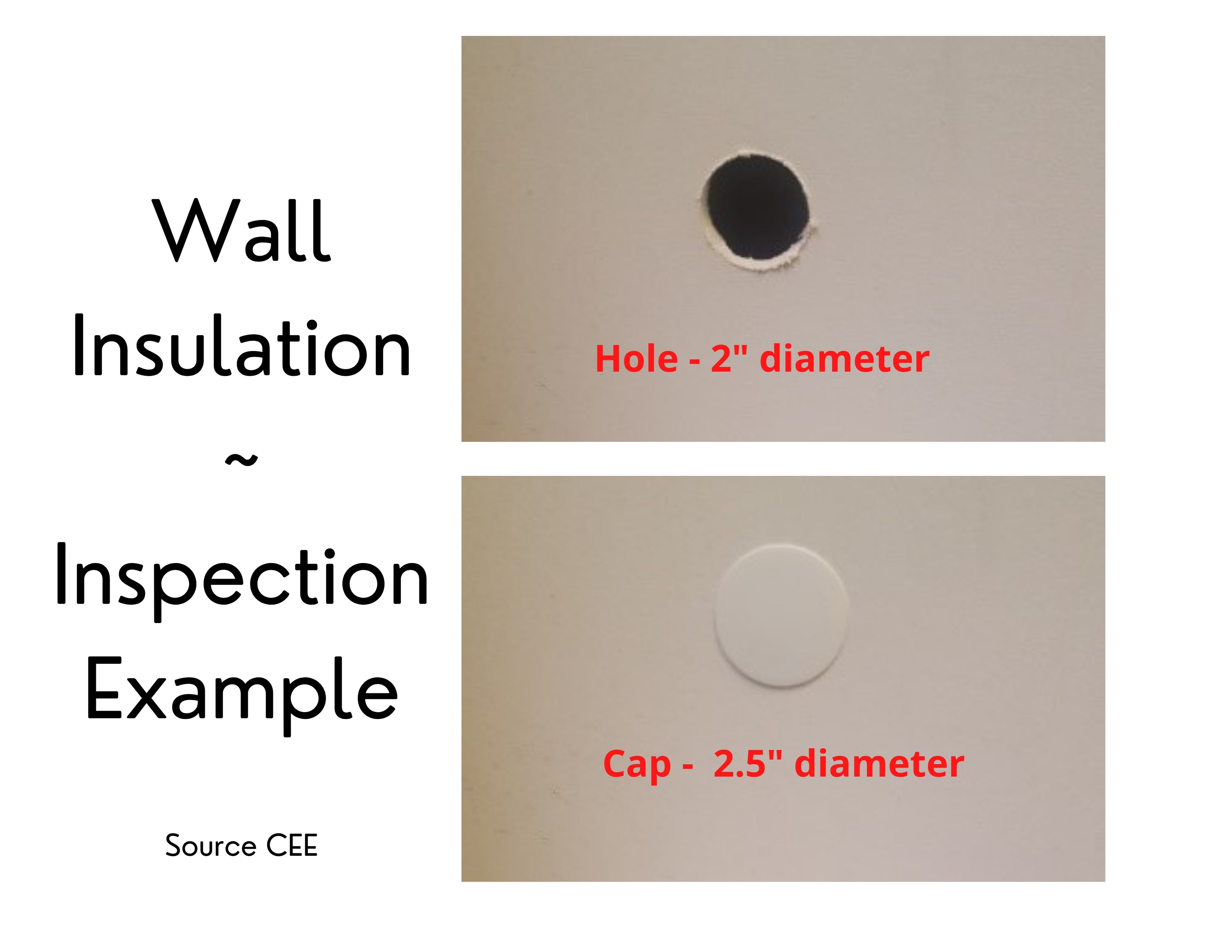 Photos of wall insulation inspection hole  2 inches diameter and cap 2.5 inches diameter.