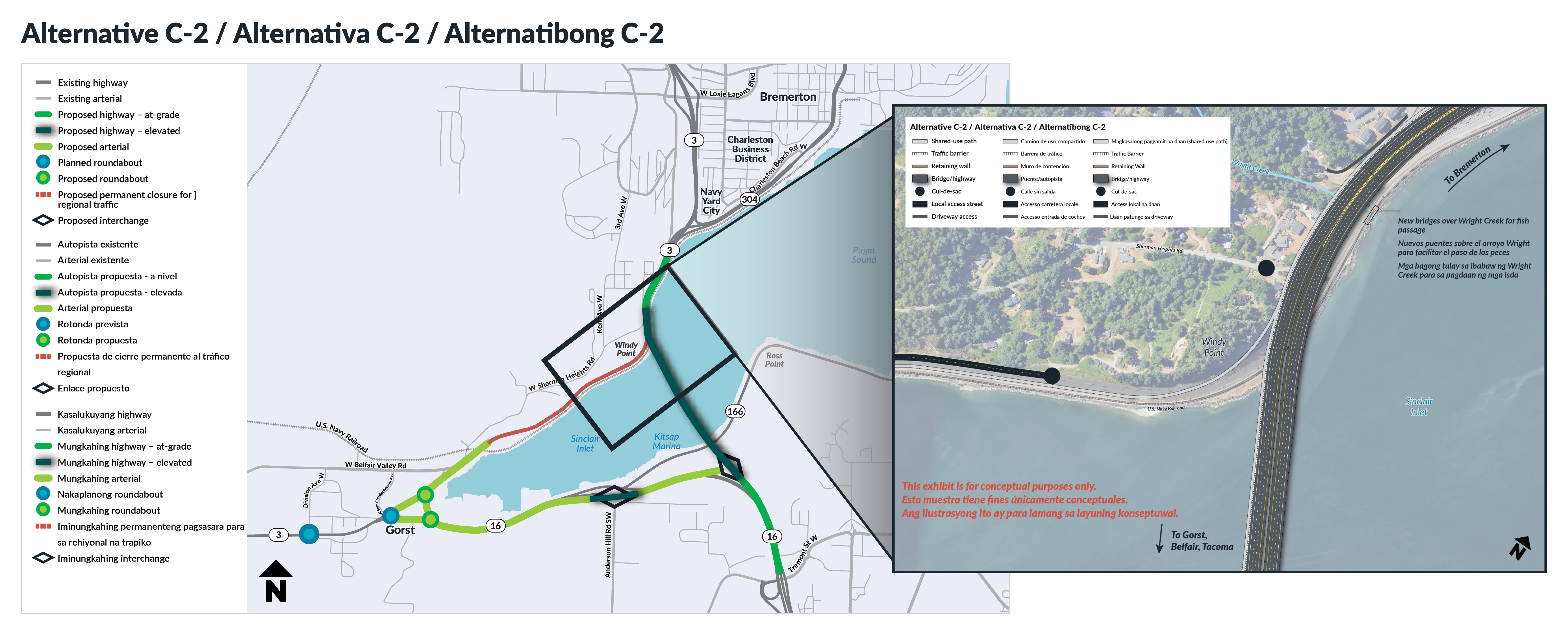 Map of Alternative C-2 (Windy Point Bridge full bypass) showing a new bridge across Sinclair Inlet with a proposed interchange near Ross Point, a permanent closure for regional traffic near Windy Point, and proposed roundabouts and arterial near Gorst. An aerial view rendering shows details of the bridge near Windy Point.