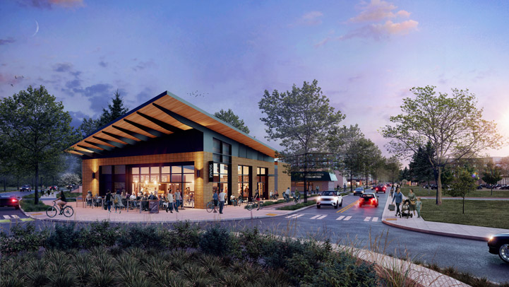 Rendering of potential future development at the corner of Devine and MacArthur showing a single-story commercial building with outdoor seating across Devine from the existing school site. Viewpoint is from a new roundabout that is planned for the intersection, and shows people walking, biking, sitting outdoors, and cars driving on the roadway. It also shows future new landscaping and street trees.