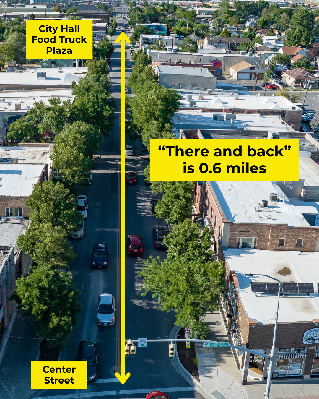 Dash and Dine "There and Back" is 0.6 miles. Overhead map of Main Street.