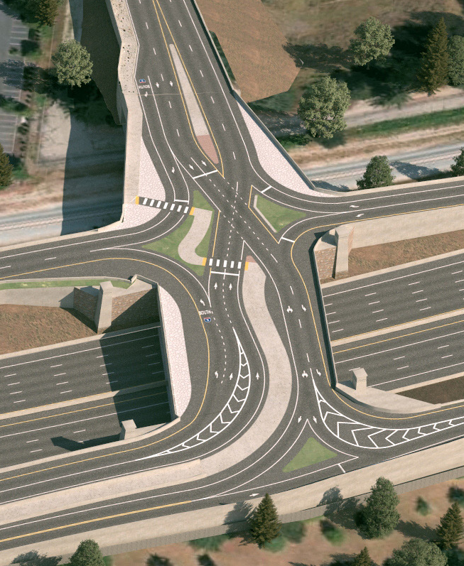A rendering of the final diverging diamond interchange showing the new pedestrian path across the overpass.