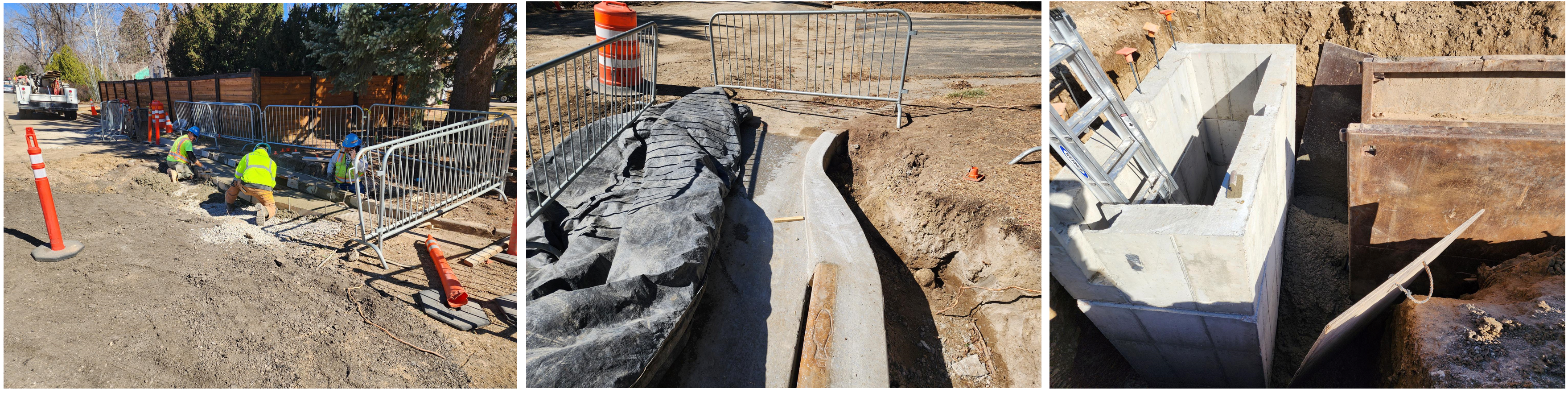 Pictures showing crews installing concrete curb, gutter and stormwater infrastructure.