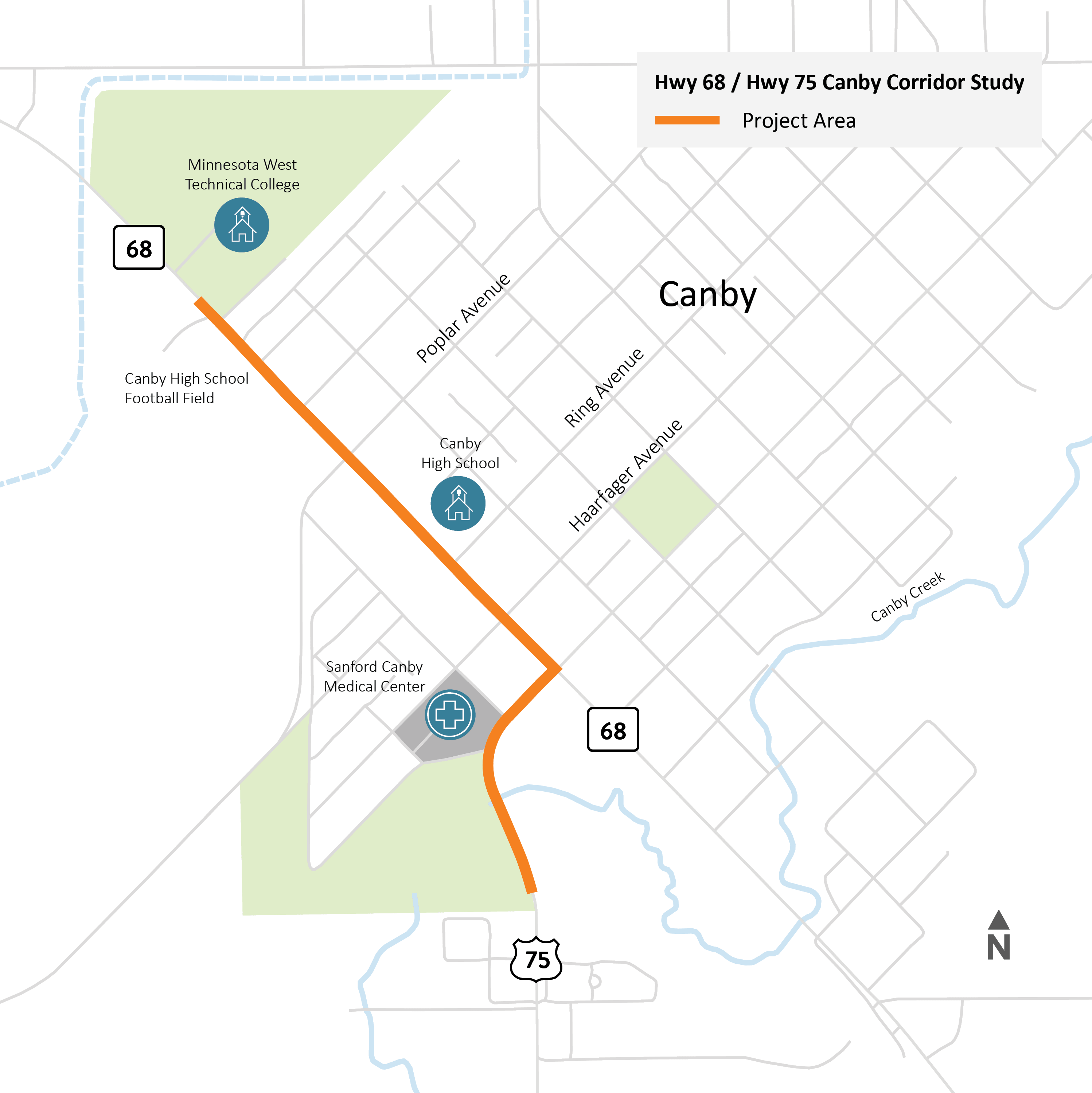 Illustrated map highlighting sections of Highway 68 and Highway 75 in the center of Canby.