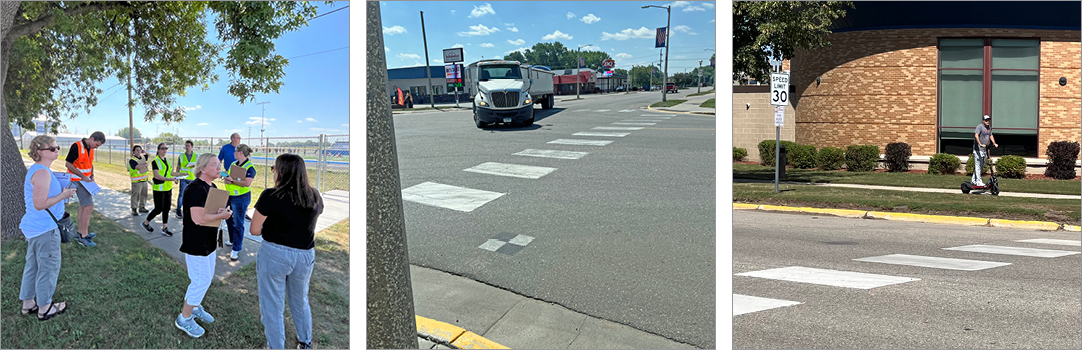 Field Walk participants observing freight vehicles and a pedestrian on a scooter.