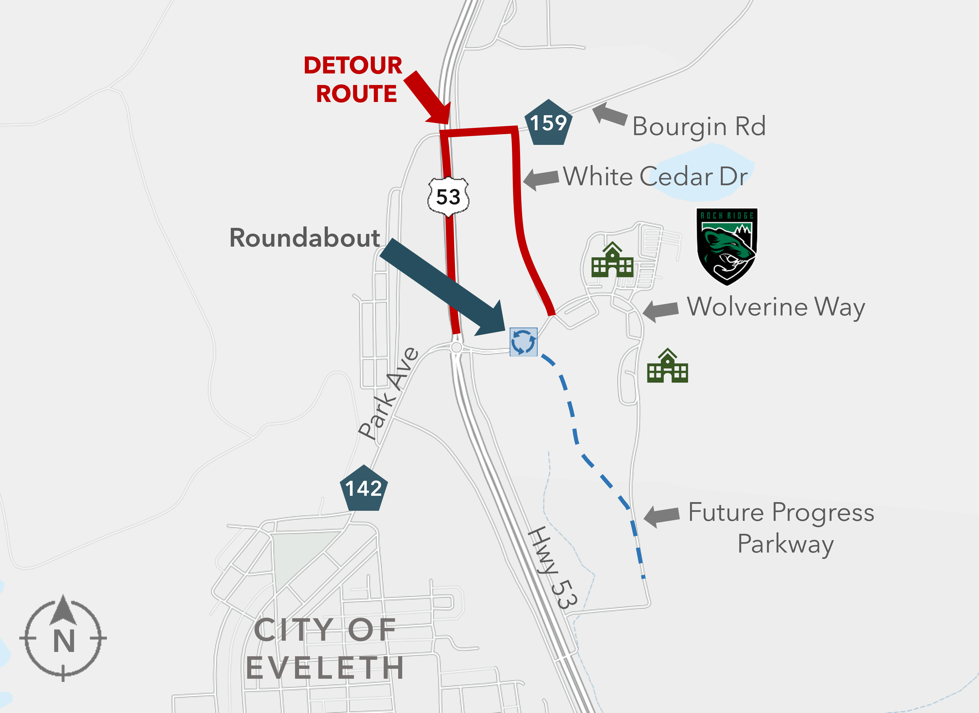 Map centered around Progress Parkway roundabout in Eveleth, MN