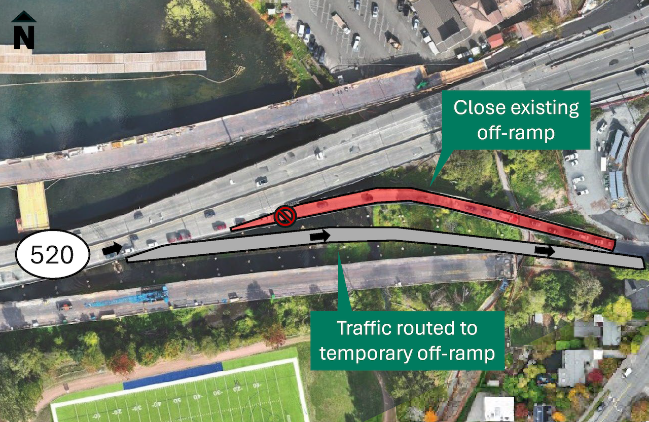 A map of SR 520 showing the location of the future temporary off-ramp to Montlake Boulevard East and the closed existing off-ramp.
