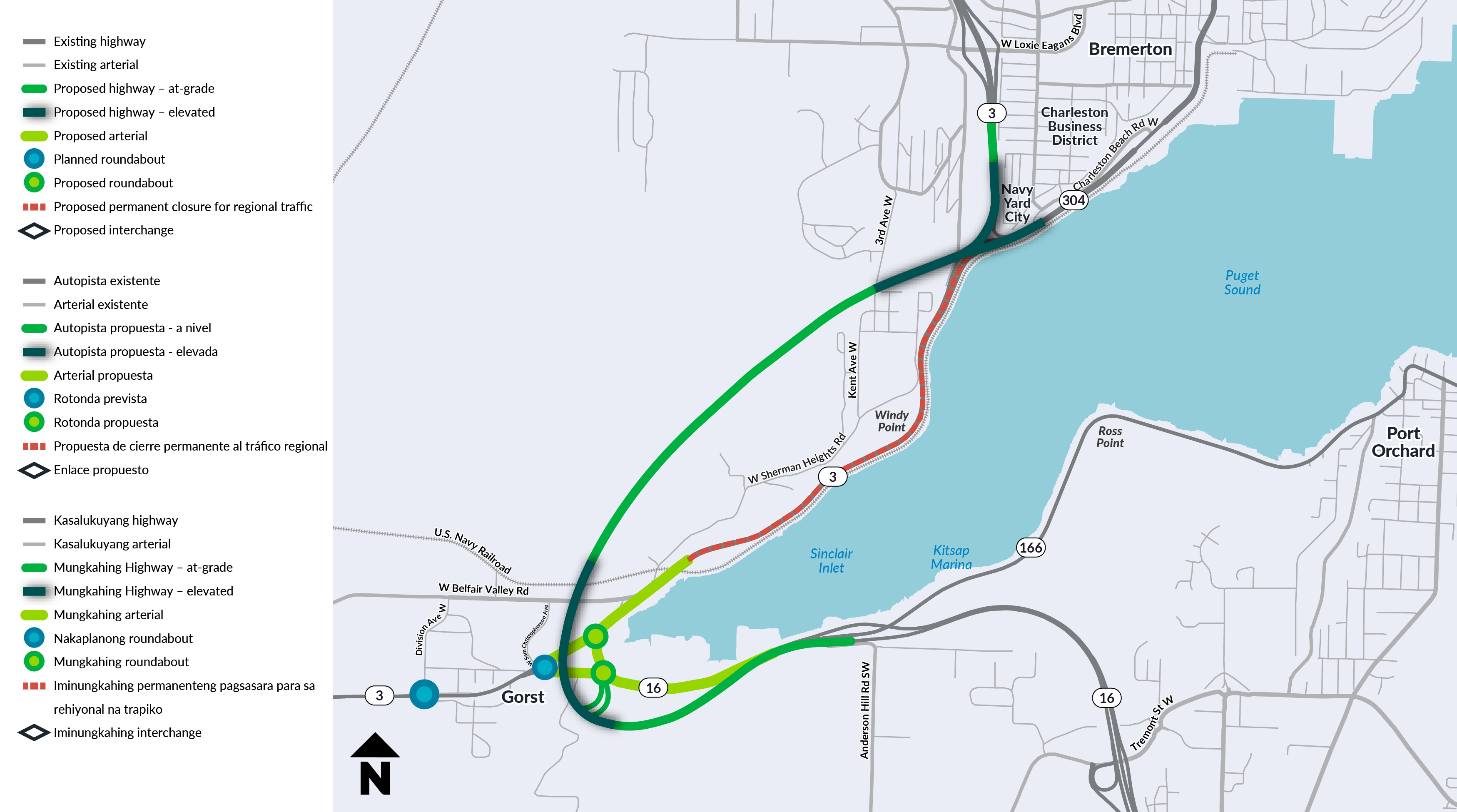 Map of Alternative D (inland full bypass) showing a proposed at-grade and elevated highway looping inland around Sinclair Inlet, a permanent closure for regional traffic near Windy Point, a proposed arterial and roundabouts near Gorst, connecting back to SR 3 near Bremerton.