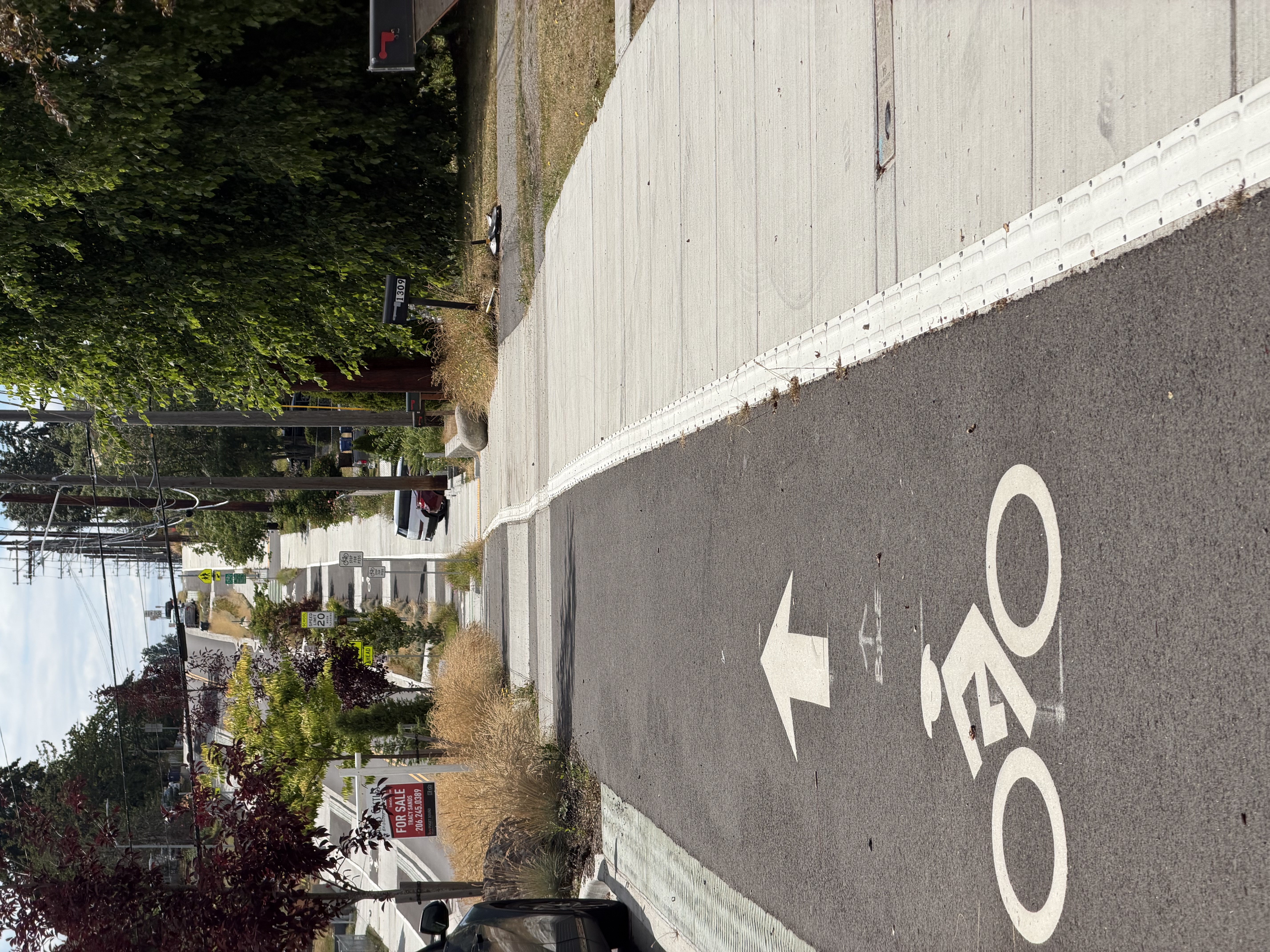 Left to right, a bike lane and a sidewalk separated by a cane detectable strip featuring raised bumps that can be felt by people using a cane.