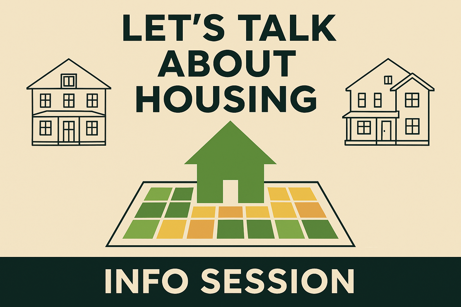 An infographic showing pencil drawn houses, a game board, and text that says "let's talk about housing"