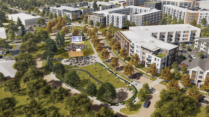 Rendering that shows the neighborhood park planned for the southern portion of the Tower Mall Redevelopment Area, including a lawn area, covered seating area, amphitheater space, and walking paths. It is bordered by residential development to the north, Park Hill Cemetery to the east, the existing daycare and school site to the south, and Devine Road to the west.