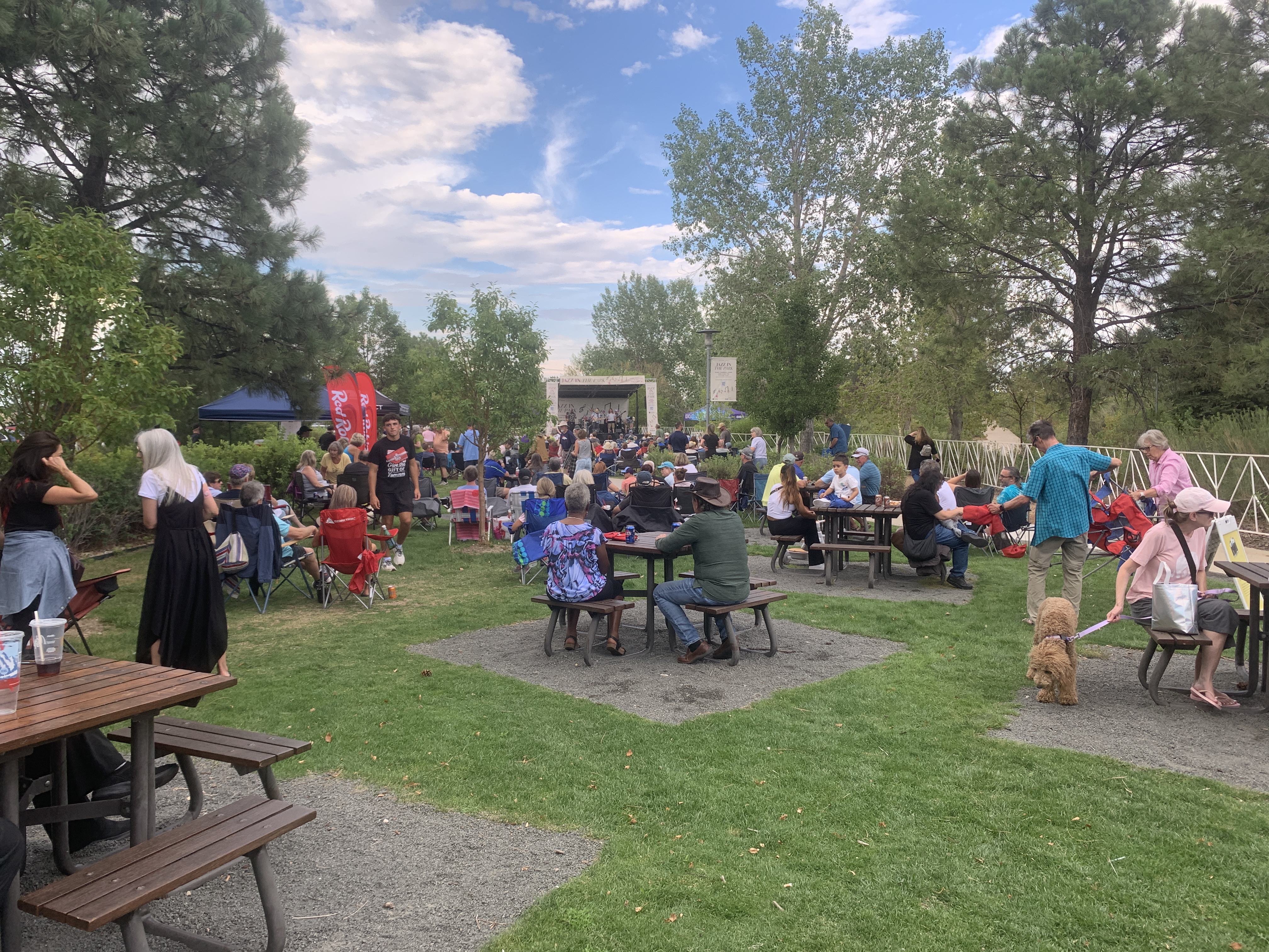 A large crowd of people is gathered on a grassy lawn surrounded by tall trees, sitting at wooden picnic tables and in folding lawn chairs. In the background, a band performs on a white stage under a blue sky with scattered clouds.