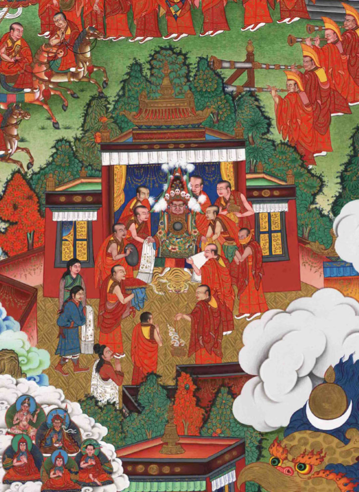 The Oracle of Nechung in trance advising Subrabpa, the chief attendant of the Second Dalai Lama to journey to the village where he believed the incarnation of his teacher had taken birth.