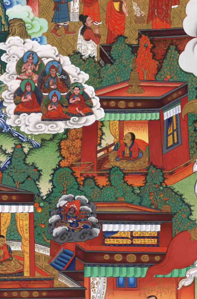 Young Ranu Shechok has a vision of Padmasambhava, Tilopa and Je Tsongkhapa.