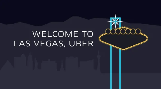 "Welcome to Las Vegas, Uber" text on dark backdrop with stylized Las Vegas sign, glowing edges, and city skyline silhouette.