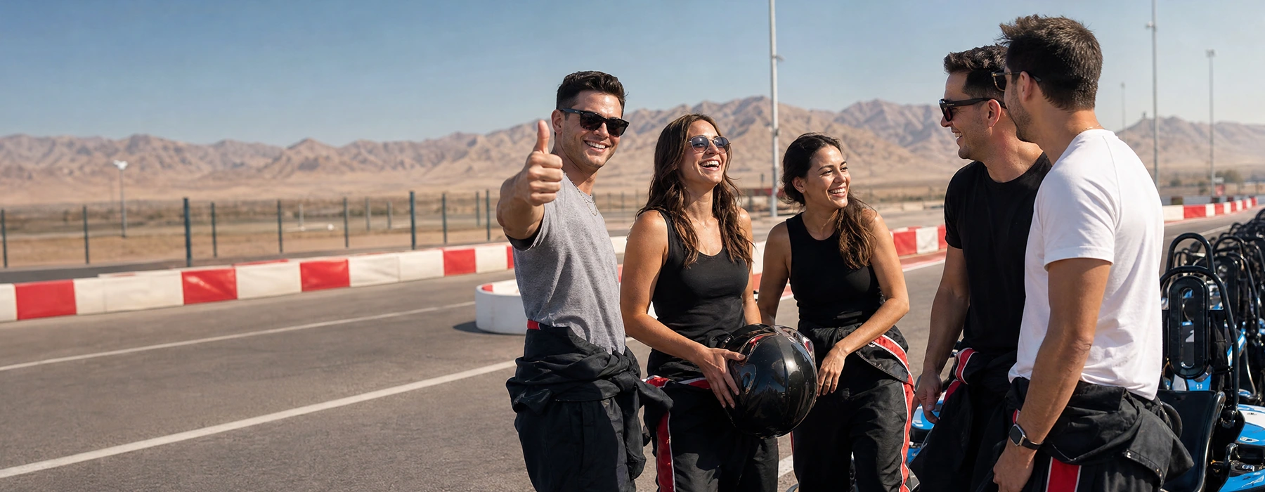 Las Vegas locals in racing gear beside the Vegas Superkarts track