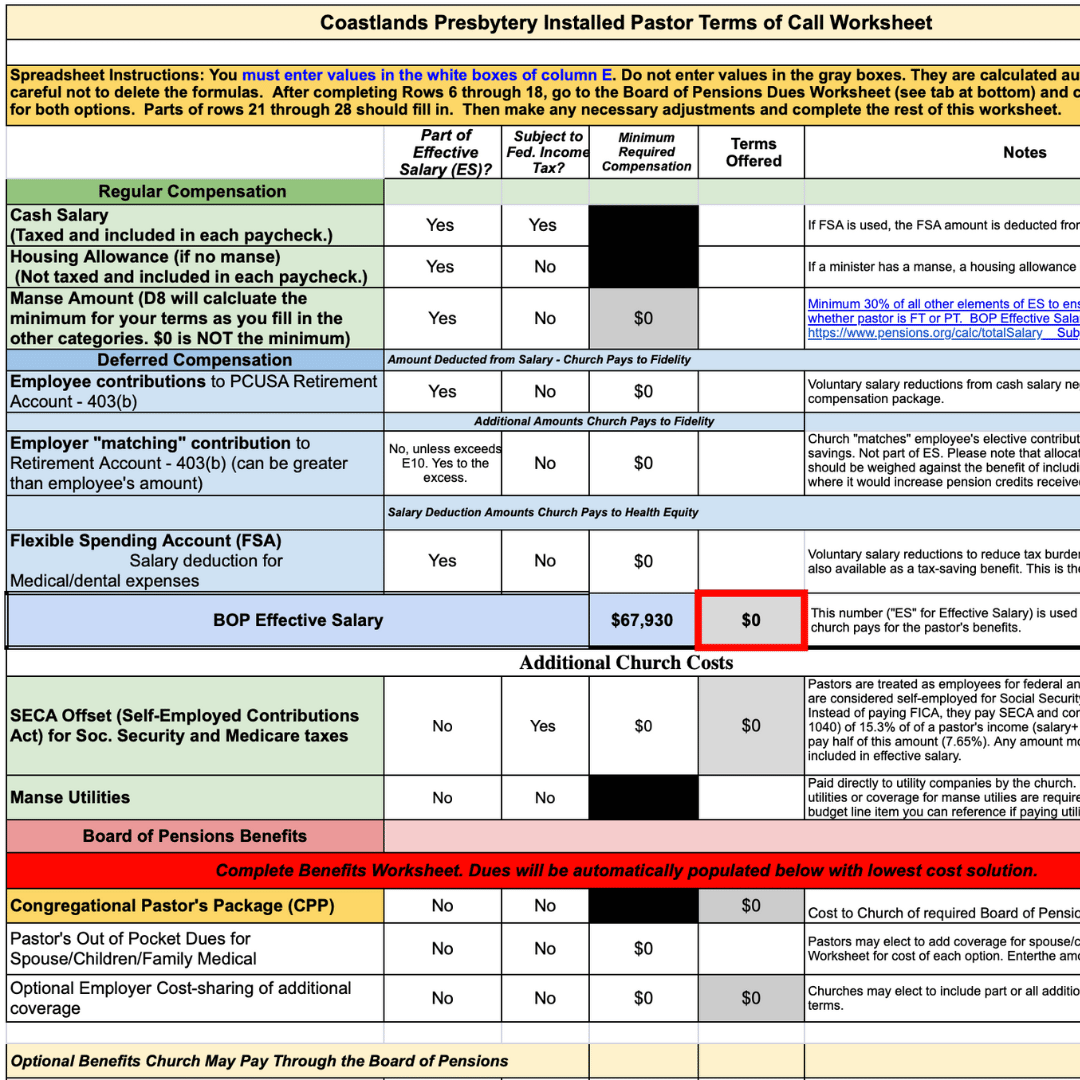 Installed Pastor Terms of Call Worksheet - 2025