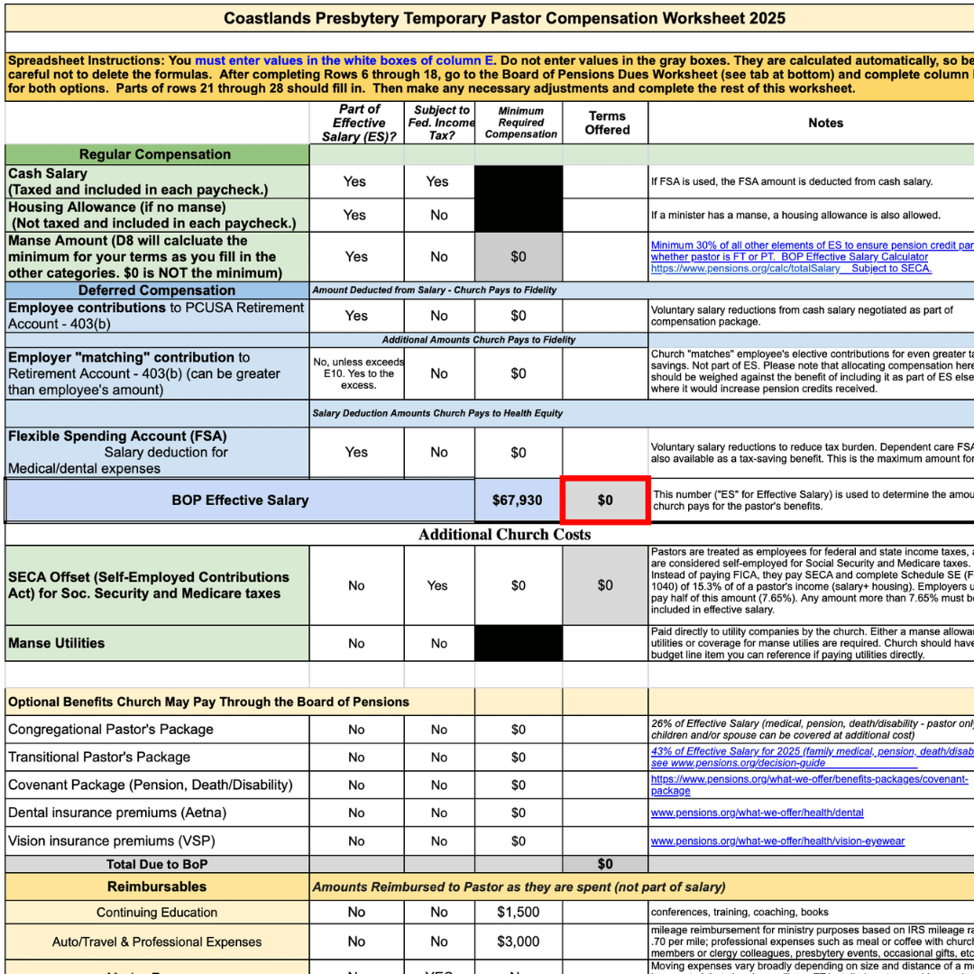 Part-Time Temporary Pastor Comp Worksheet - 2025