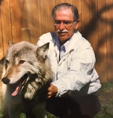With wolf Dakota, at Chestnut Animal Clinic, 1997
