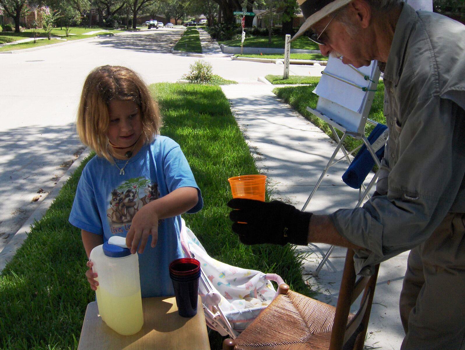 First customer at Rachel's lemonade stand on Sun Valley.