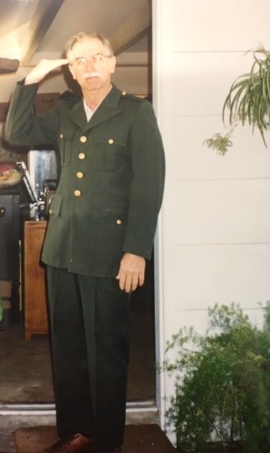 Wearing his Dad's Army uniform, 1993