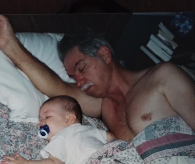 Boys' naptime. Mason, 5 months old, and his Papa, May 1998.