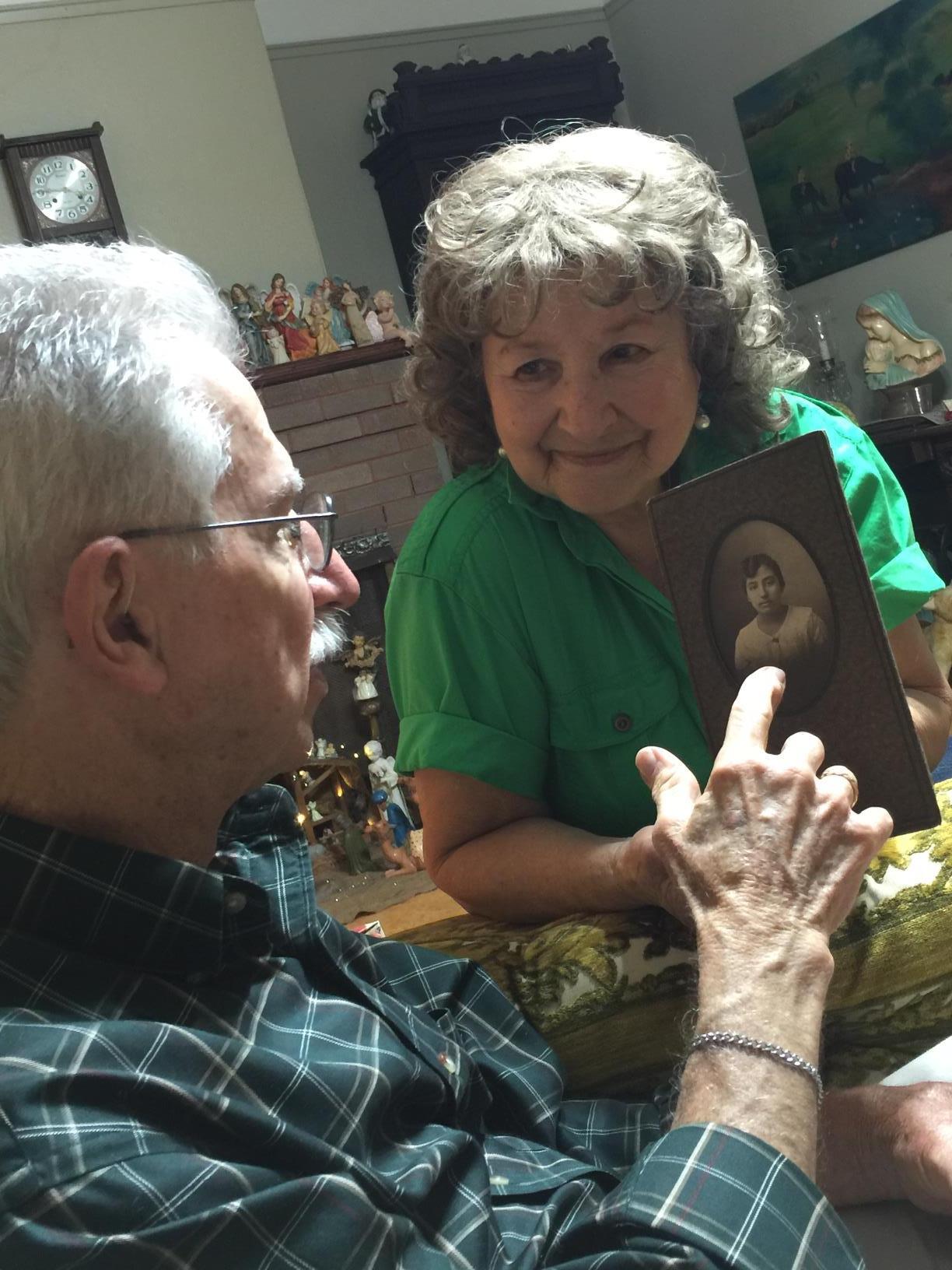 Sharing family history with Aunt Rosalea Uptigrove, 2012.